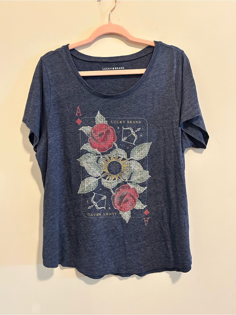 Lucky Brand Navy Tee with Red Rose Playing Card Graphic